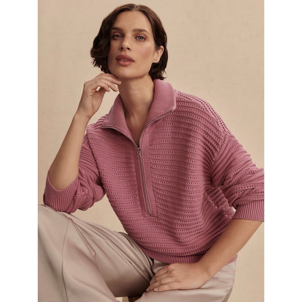 Varley Tara Pointelle Half-Zip Knit Pullover XS Pink Cotton Sweater Anthro